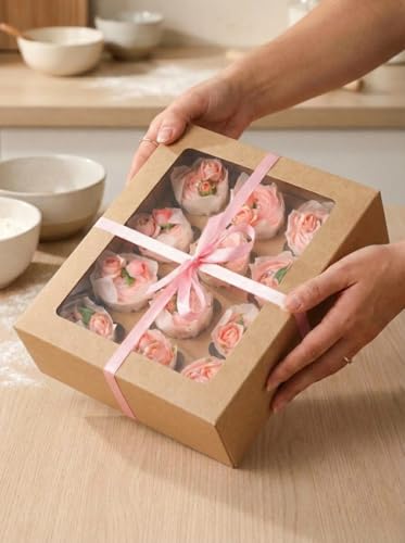 Bakepacker Auto-pop up 12 Cupcake Boxes, Brown, 13"x10"x3.5", 12-Pack - color: Brown, size: 13*10*3.5inch/12packs