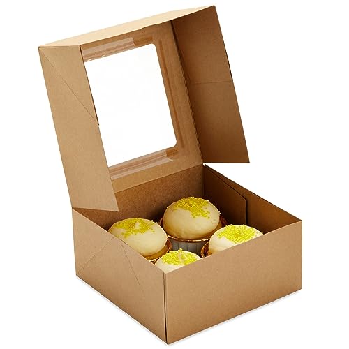 Juvale Cupcake Boxes - 6 x 6 in, 24 Count, Brown - 4-Cup Insert & Clear Window Cupcake Containers & Muffin Boxes