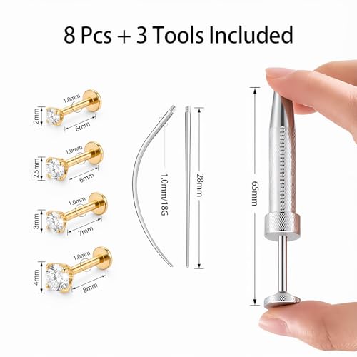 16G 18G Flat Back Earrings Stud 316L Surgical Stainless Steel Internal Thread Piercing Jewelry for Helix, Cartilage, Tragus, Nose, Labret – with Ball Grabber Tool - color: Gold：18GBar-6/6/7/8mm & CZ-2/2.5/3/4mm