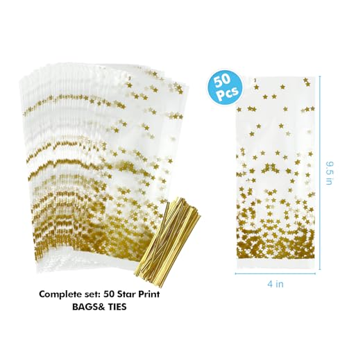 EKAPACKAGING 50 Pcs 4 X 9.5 Inches Star Print Goodie Bags Cellophane Gift Bags For Party Favors With Ties - color: Star