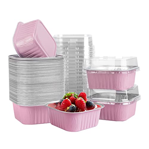 50 Pcs Mini Square Baking Cups with Lids,5oz Aluminum Foil Mini Cake Pans with Lids,Disposable Ramekins Cake Pans,150ml Dessert Cups Cupcake Pans for Wedding Birthday Party,Pink - color: Pink, size: 5oz