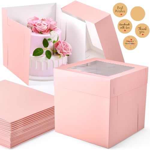12Pcs Cake Boxes, 10x10x10 Inches Tall Cake Boxes with Window, Pink - color: Pink, size: 10x10x10inch