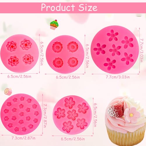 5Pcs Rose Flower Silicone Candy Mold, Mini Daisy Fondant Chocolate Silicone Molds for Cake Decorating, Small Polymer Clay Molds Resin Mold for Baking Soap Ice Cube Wax Melt - color: Rose Flower Mold