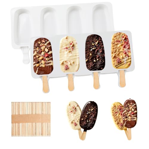 Silicone Popsicle Molds, 2 Pcs White Popsicles Molds, 4 Cavities Ice Cream Mold with 50 Wooden Sticks for Making Cakesicles Fudgesicle Candy DIY Cake Ice Pop Summer Party Supplies - color: White
