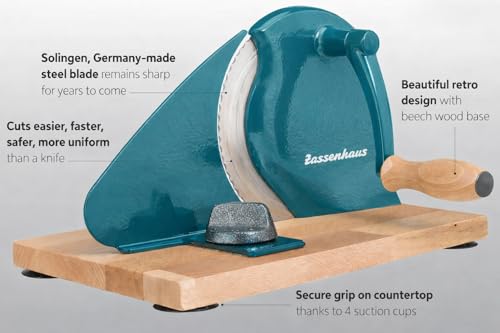 Zassenhaus Original Classic Adjustable Bread Slicer for Uniform Slices - Bread Slicer for Homemade Bread - 18/8 Stainless Steel Blade Sourdough Cutter-Water Blue 11.75" x 8" - color: Water Blue, size: 11.75" x 8" x 4.7"