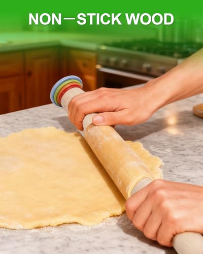 16.7" Rolling Pin with Thickness Rings for Cookies, Dough, Pizza - color: Wooden, 16.7"