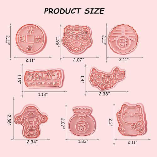 8Pcs Chinese Happy New Year Cookie Cutters Set Plastic Cookie Stamps Lucky Cat Spring Festival Cookie Mould Set Biscuit Snack Fondant Pastry Molds DIY Baking Tools(H8) - color: H8