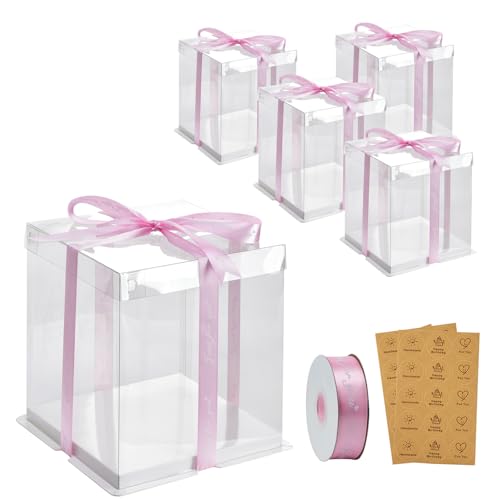 BURLIHOME 8x8x10 Clear Cake Boxes,Square Cake Carrier with Ribbon,5 Pack