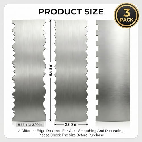 3 Pack Stainless Steel Cake Scraper Set, 8.66 Inch Double-Sided Pattern Edge Cake Decorating Combs for Buttercream, Frosting, Mousse and Baking Projects