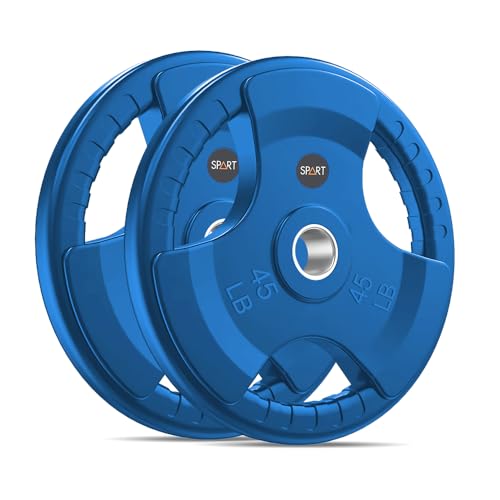 SPART 2-Inch Color Rubber Coated Olympic Grip Plate in Pairs or Single for Strength Training, Weightlifting and Bodybuilding, Solid Cast Iron Weight Plates for Barbell, 2.5LB/5LB/10LB/25LB/35LB/45LB, Two Years Warranty - color: 45LB PAIR