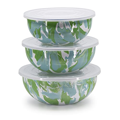 Golden Rabbit Enamelware Nested Mixing Bowls with Lids, Set of 3, Modern Monet - color: Modern Monet