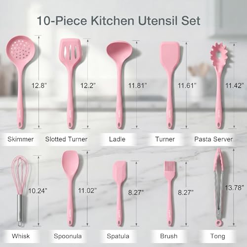 Vayvnt Cooking Utensils Set, 10PCS Non Toxic Silicone Set for Kitchen, Pink - color: Pink