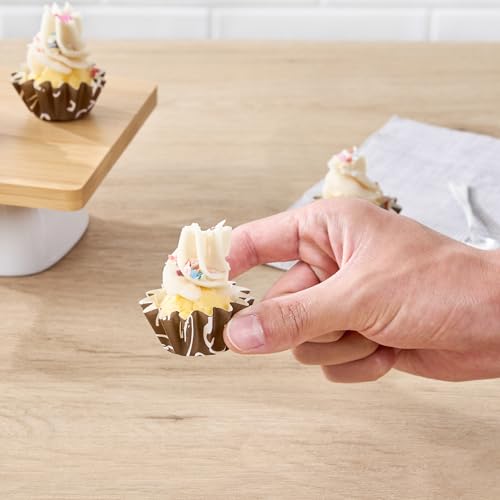 Restaurantware Panificio 0.4 Ounce Baking Cups 200 Flared Cupcake Liners - Oven-Ready Freezable Brown And White Paper Muffin Cases Disposable Chocolate Wisp For Wedding Parties Baby Showers - size: Small, style: Flared
