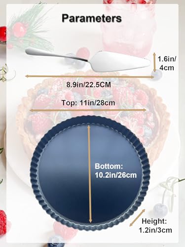 11 Inch Quiche Pans with Cake Server. Removable Bottom, Non-Stick Coating, Rugged Carbon Steel for Tart Quiche Pie Baking. Gift for Women Wife Christmas Thanksgiving Party Festival Family - size: 11*1.2IN