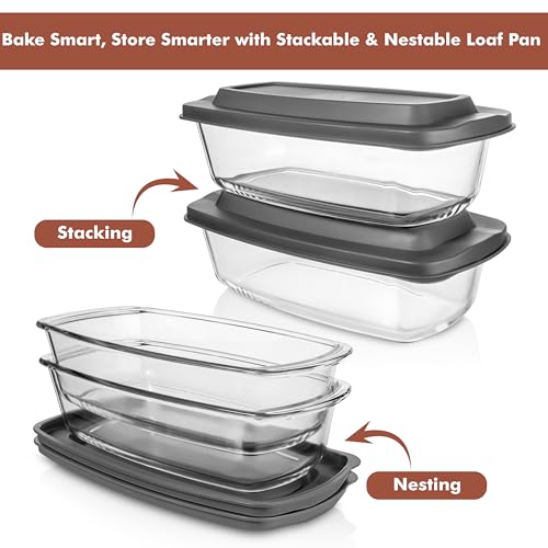 Razab (2 Pack Large 7.6 Cups / 1800 Ml / 1.9 Qt Glass Loaf Pans with Lids - color: Gray, size: Set of 02