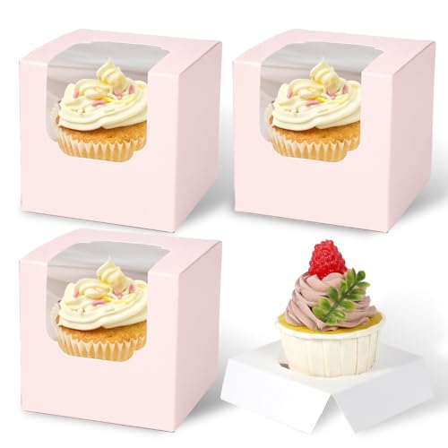 JCD 70 packs Pink Cupcake Boxes Individual Cupcake Container 3.5" x 3.5" x 3.5" Auto-Pop up Single cake Box for Bakery Gift Giving(70 Boxes+70 Inserts) (Pink/70Pcs) - color: Pink/70Pcs