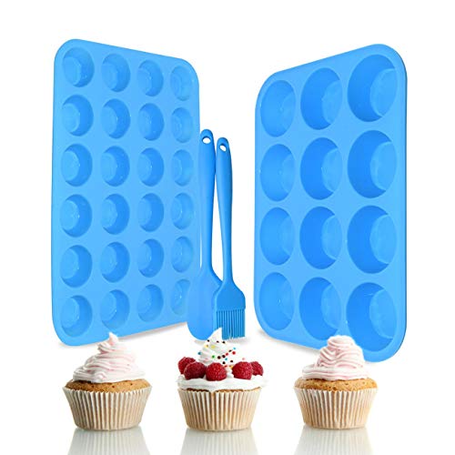 Silicone Muffin Pan Cupcake Set,Non-Stick 12 Cups and Mini 24 Cups - color: Blue