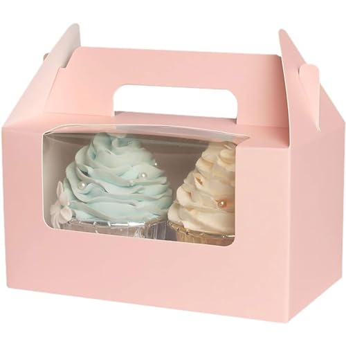 qiqee Pink Cupcake Box Two Holder 6.5x3.6x3.5inch(2.2" Top) 100pcs 2 Cupcake Boxes With Window - color: Pink, size: 100Pcs, Two Holder