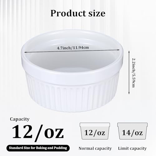 4 Pack Ramekins 12 Oz Oven Safe, Creme Brulee Set, Porcelain Souffle Dish for Baking, Soup Bowls for French Onion Soup White