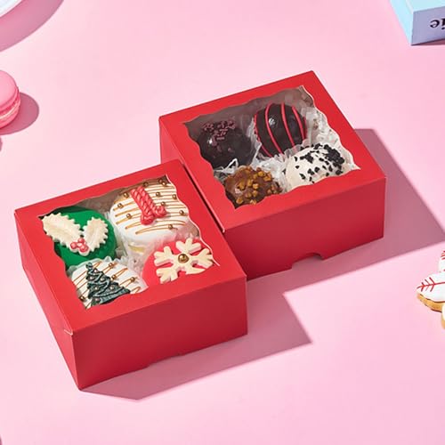 50 Pack 4x4x2 inches Red Bakery Boxes with Window - Macaron Cookie Chocolate Truffle Strawberry & Mini Cake Gift Boxes for Valentine's Parties Birthdays Wedding, Christmas Favors - color: Red