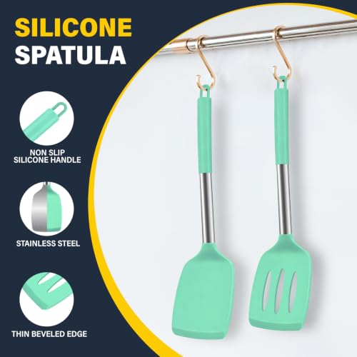 2 Pack Silicone Spatula Set, Solid & Slotted Turner for Non-Stick Pans - color: Teal