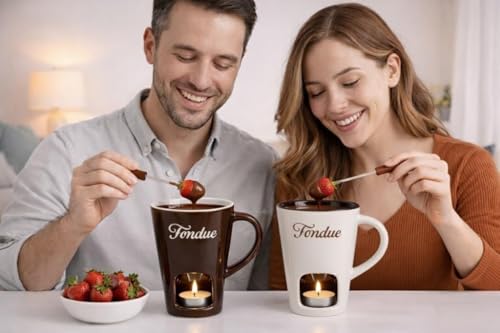 Brown Chocolate Fondue Mug with Tealight & Fork – Ceramic Single-Serve Fondue Cup for Chocolate & Cheese Dipping - color: Brown