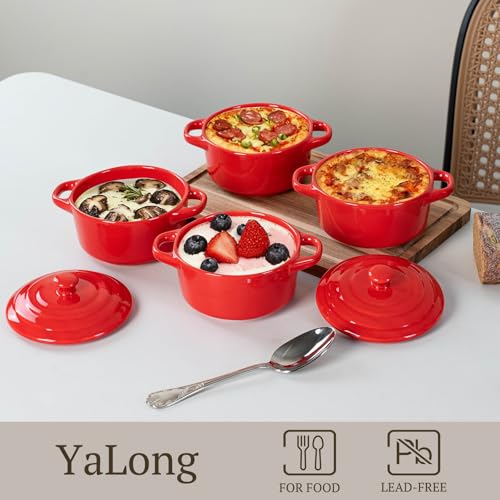 Mini Dutch Oven Set of 4, 14 oz Ceramic Mini Dutch Ovens with Lids and Handles, Ramekins with Lids for French Onion Soup, Pot Pies, Soufflés and Baked Desserts, Oven Microwave Dishwasher Safe, Mini Cocotte，（Red） - color: Red