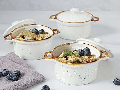 ONEMORE Mini Cocotte Set of 4, 6 oz Ceramic Ramekins with Lids and Handles, Small Casserole Dishes for Oven, Mini Dutch Oven for French Onion Soup, Souffle and Baking, Microwave & Dishwasher Safe, Creamy White - size: 6 oz