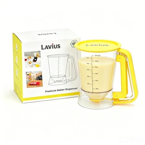 Pancake Batter Dispenser 5-Cup Batter Pourer for Maker Pancakes, Waffles, Crepes, Muffins, Cupcakes, Easy Squeeze Grip Handle with Proof Nozzle, Precise Baking Tools（Yellow） - color: Yellow