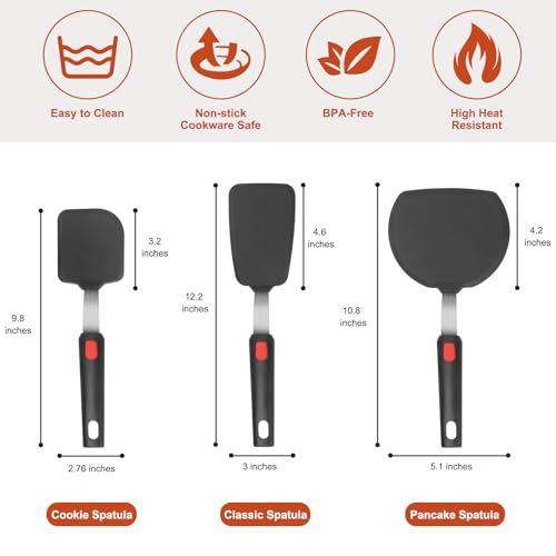 Hotec Silicone Spatula Turner for Nonstick Cookware, Cooking Spatulas 600°F Heat Resistant Large Flexible Rubber Spatula Set of 3, Kitchen Utensils for Flipping Eggs, Burgers, Pancakes, Crepes - color: Black-B