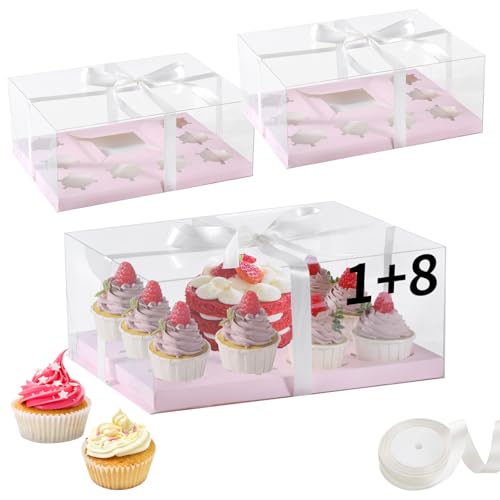 JCD 3 Pcs Pink Cake and Cupcake Combo Bento Boxes with Clear Lid Fit 8 Cupcake and 1 Mini Cake for Valentine Wedding Birthday Party Bakery Supplies(Pink 1+8/3Pcs) - size: Pink 1+8/3Pcs