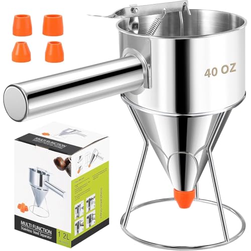 Pancake Batter Dispenser 20OZ/40 OZ | Stainless Steel Funnel Cake Dispenser with Stand | Leak-Proof Nozzle & Squeeze Handle | Precise Control, for Pancakes, Waffles, Cupcakes & Baked Goods (40OZ)