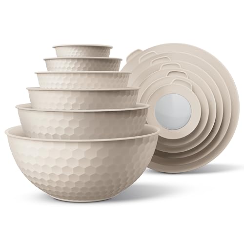 COOK WITH COLOR Mixing Bowls with Lids - 12 Piece Plastic Nesting Bowls Set includes 6 Prep Bowls and 6 Lids, Microwave Safe Mixing Bowl Set, Cream Embossed - color: Cream Embossed