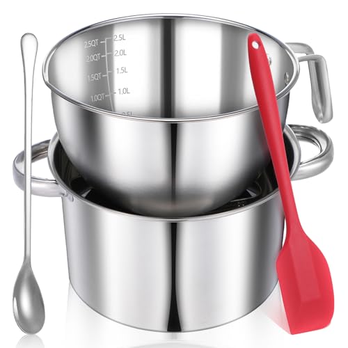 304 Stainless Steel Double Boiler Set - 2.6QT Melting Bowl with Scale and Handle - 4.2QT Dual-Handle Pot - Stackable Water Bath Melting Pot Set for Butter, Chocolate, Wax, Sugar, Candle