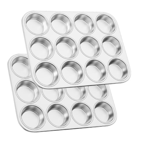 12-Cup Stainless Steel Muffin Pan, Cupcake Pan Metal Muffin Baking Tins for Oven & Dishwasher Safe, Cupcake Pans for Baking Non-toxic & Easy Clean Set of 2 ﻿
