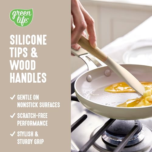 GreenLife 11 Piece Silicone Utensil Crock Set, Nonstick Kitchen Tools, Ladle, Turner, Slotted Turner, Spatula, Spoon, Spaghetti Server, Brush, Whisk, Tongs, Crock, Taupe - color: Taupe