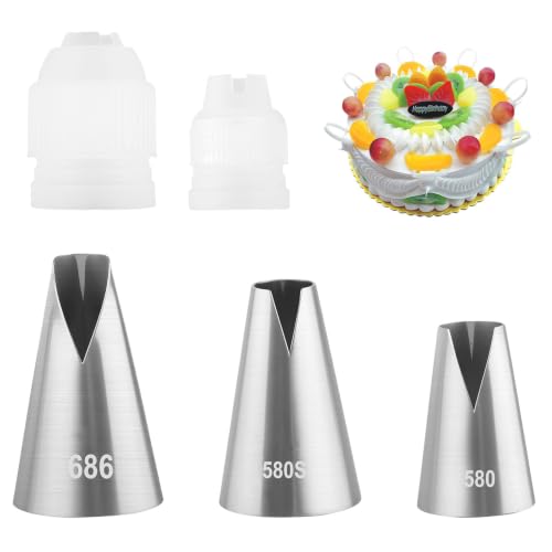 5 Pcs V-Shaped Piping Tips Set with 2 Couplers, Large Cake Decorating Tips - color: 580/686/580S