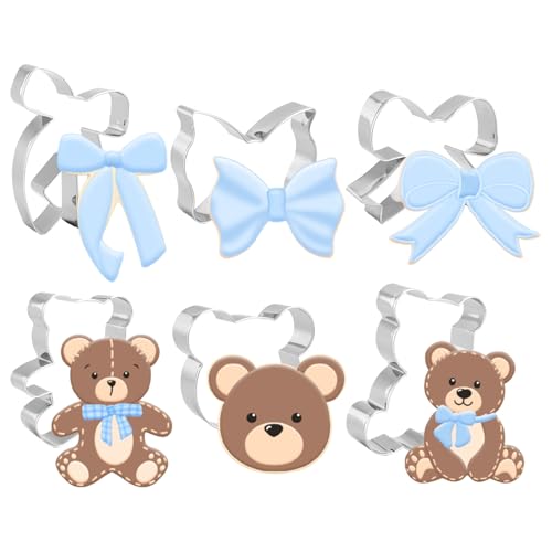 FYSUIMU 6Pcs Bear Bow Cookie Cutter Cute Bear Face Bowknot Biscuit Cutter Stainless Steel Cookie Cutting Molds for Birthday Baby Shower DIY Crafts Baking Supplies