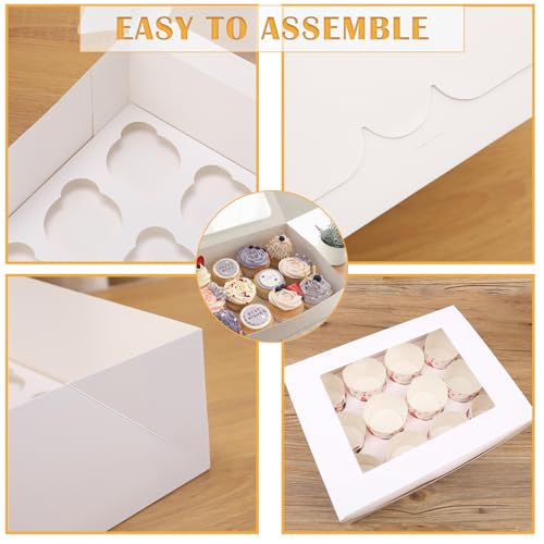 18 Pack Cupcake Boxes Hold 12 Standard Cupcakes, 13 x 10 x 3.5 Inch Paper Dozen Cupcake Containers Bulk with Window and Inserts, Disposable Bakery Pastry Carrier for Muffins, Cookies, White