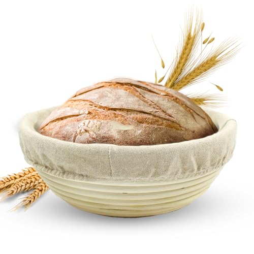 Vollum Banneton Bread Proofing Basket & Liner – Handmade Rustic Sourdough Bread Baking Supplies, Brotform Basket, Sour Dough Tools, Gifts for Bakers - Round - 10"D x 3.5"H - size: 10"D x 3.5"H, style: Round