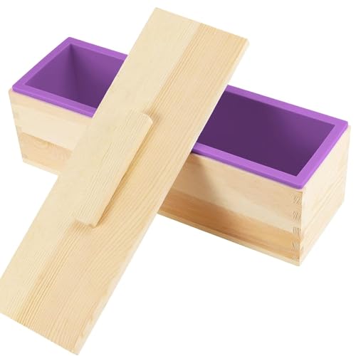 3PCS 47oz Silicone Soap Kit, Purple Rectangular Silicone Loaf Soap Making with 3 Wooden Boxes and 3 Lids, DIY Supplies for Soap Making - color: Purple