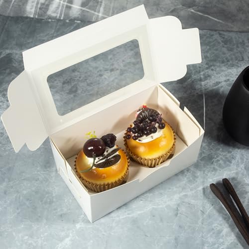 White Cupcake Boxes, Premium Sturdy Cupcake Carriers with Inserts and Clear Window Perfect for Cupcake Package and Presentation(Holds 2, Pack of 30) - size: 2-Cup, 30-Pack