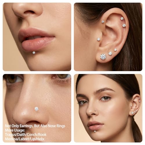 16G 18G Flat Back Earrings Stud 316L Surgical Stainless Steel Internal Thread Piercing Jewelry for Helix, Cartilage, Tragus, Nose, Labret – with Ball Grabber Tool - color: Silver：16G Bar-6/6/7/8mm & CZ-2/2.5/3/4mm