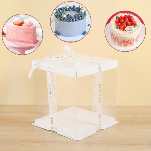 JCD 7" X 7" X 8" Ideal for 4" and 5" Inch two Layer Tiered Cakes Box,6 Pcs Transparent Cake Box with Ribbon for Pastries-Clear Boxes with Lid for Party and Display (White Lid, 7 * 7 * 8inch/6Pcs) - size: White Lid 7inch/6Pcs