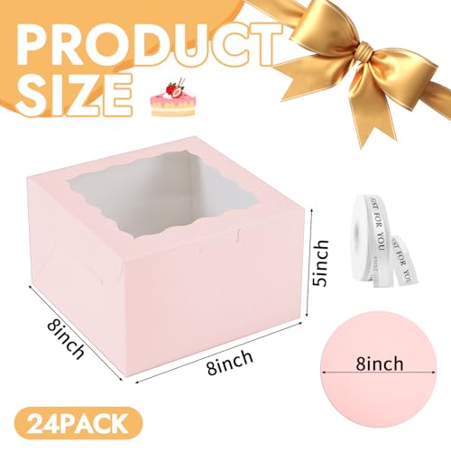 JCD 48PCS (24 Boxes &24 Boards) 8x8x5 Inches Pink Cake Boxes, Small Bento Cake Box, Mini Cake Boxes sets cake within 8'' Package for Pastries, Cupcakes, Birthday, Wedding(Pink8*8 * 5inch/24sets) - size: Pink 8*8*5inch/24sets