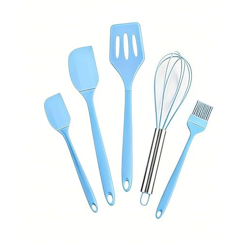 5-Pcs Rubber Spatula Set,Bowl Scraper & Flat Baking Spatula Spoon,Blue