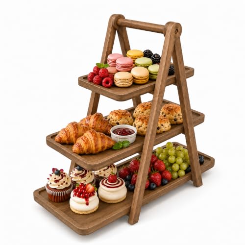 Acacia Wood 3 Tier Foldable Serving Tray, Farmhouse Tiered Display Stand for Charcuterie, Cheese, Desserts & Snacks, Wooden Organizer for Kitchen Counter, Coffee Bar and Party Entertaining