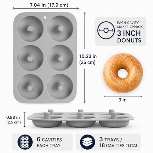 Silicone Donut Mold, 3 Pack, 6-Cavity Nonstick Baking Pan, Makes 3 Inch Donuts, Food Grade, Oven and Freezer Safe