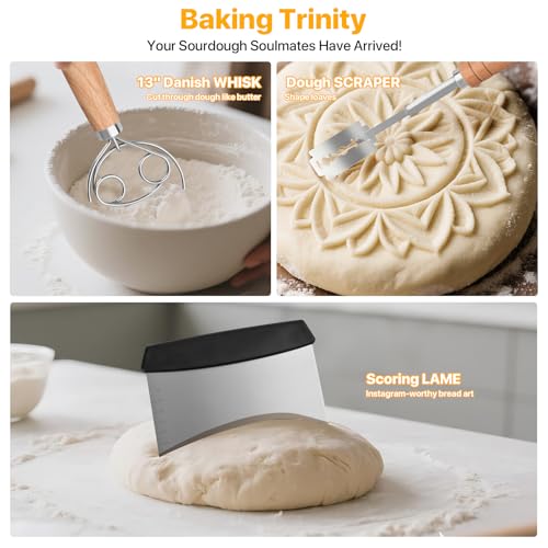 GIRLA Dough Whisk【Set of 3】Danish Dough Whisk,Dough Scraper & Bread Blades