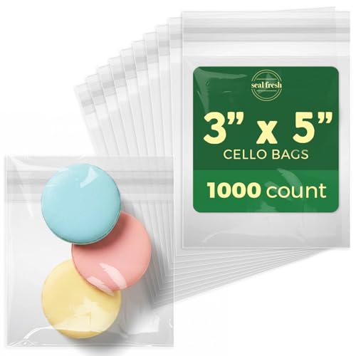 Seal Fresh Self Sealing Cellophane Bags - 3" x 5" (1000 Count) - Clear Plastic Resealable Cello Bag - Cellophane Treat Bags, Cookie Bags for Packaging, Candy bags, Cello Bags, Pastry Bags - size: 3" x 5"